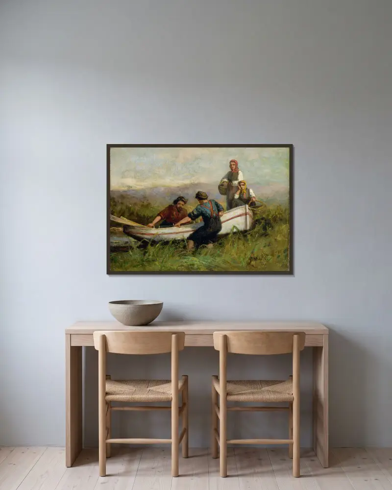 Menschen in der Nähe eines Bootes von Edward Mitchell Bannister gerahmt an einer Wand