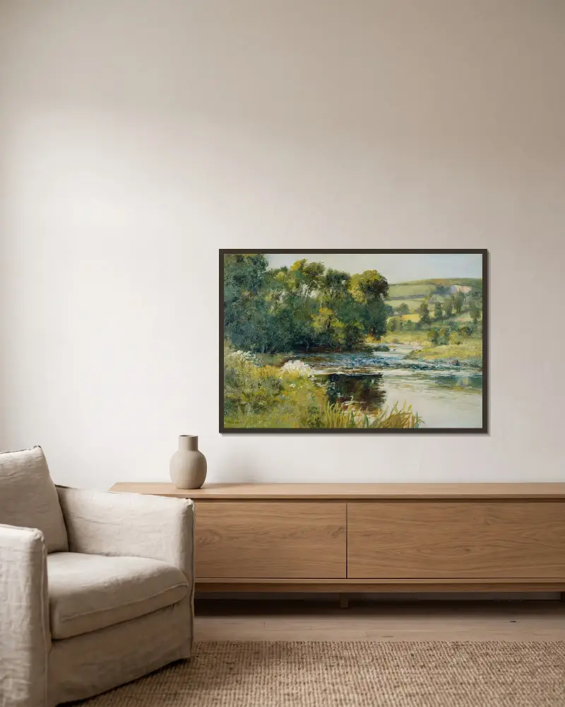 Am Bach von Edward Mitchell Bannister gerahmt an einer Wand