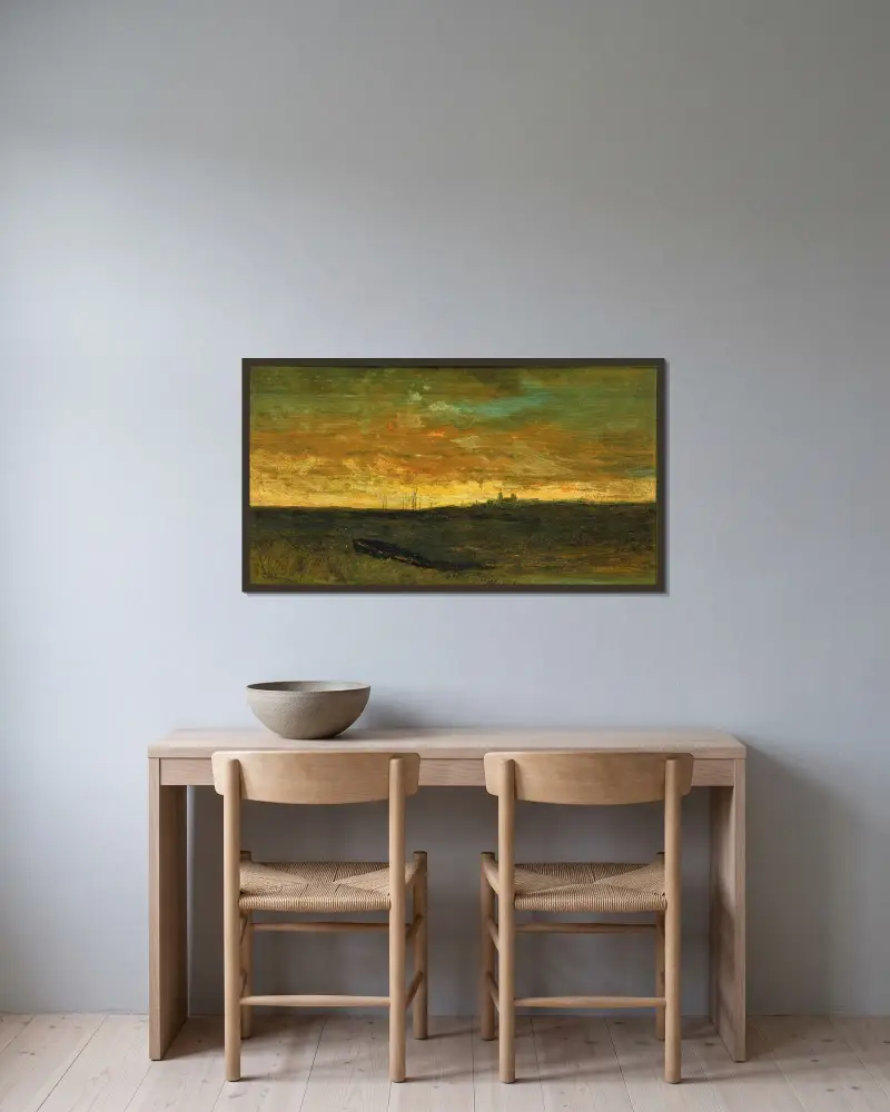 Sonnenuntergangsszene von Edward Mitchell Bannister gerahmt an einer Wand