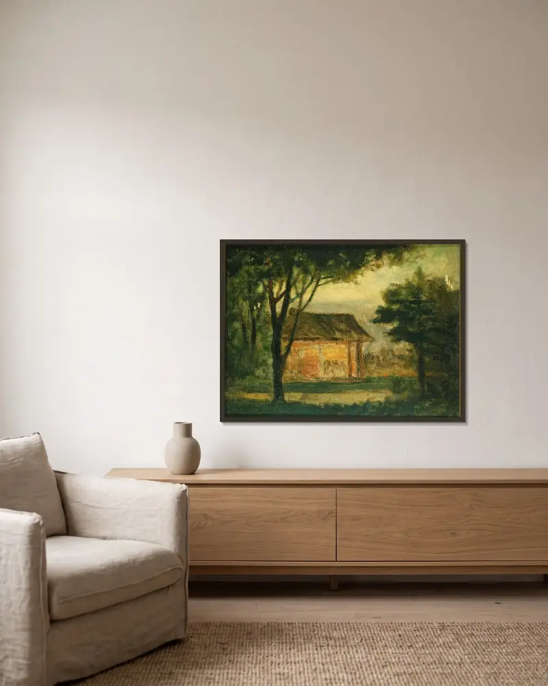 Det gamla hemmanet av Edward Mitchell Bannister inramad på en vägg