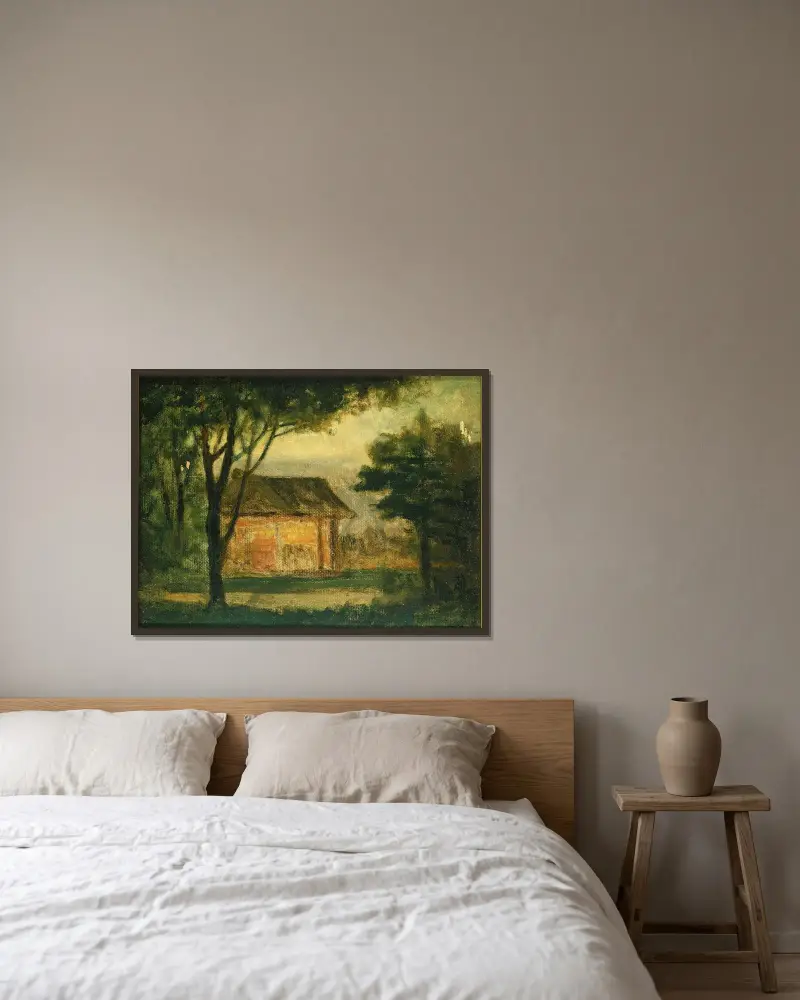 Det gamla hemmanet av Edward Mitchell Bannister inramad på en vägg