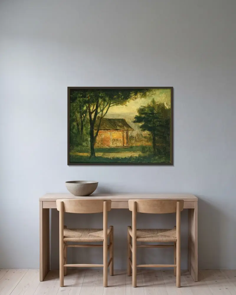 Det gamla hemmanet av Edward Mitchell Bannister inramad på en vägg