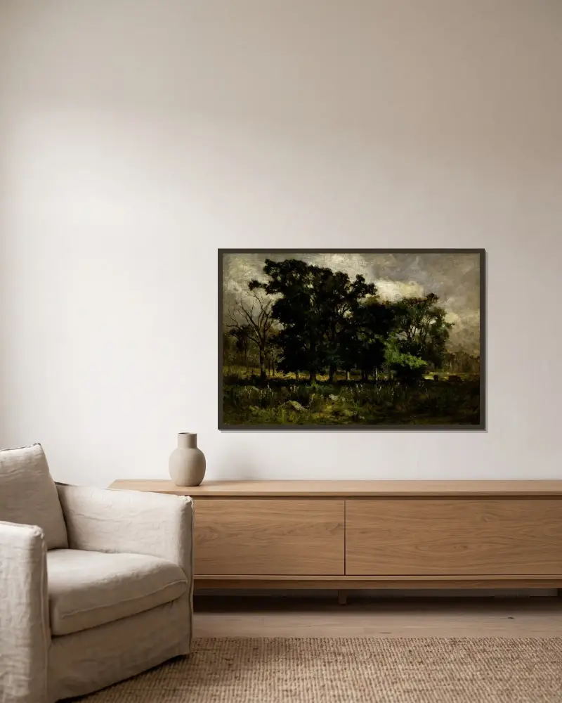 Waldlandschaft von Edward Mitchell Bannister gerahmt an einer Wand