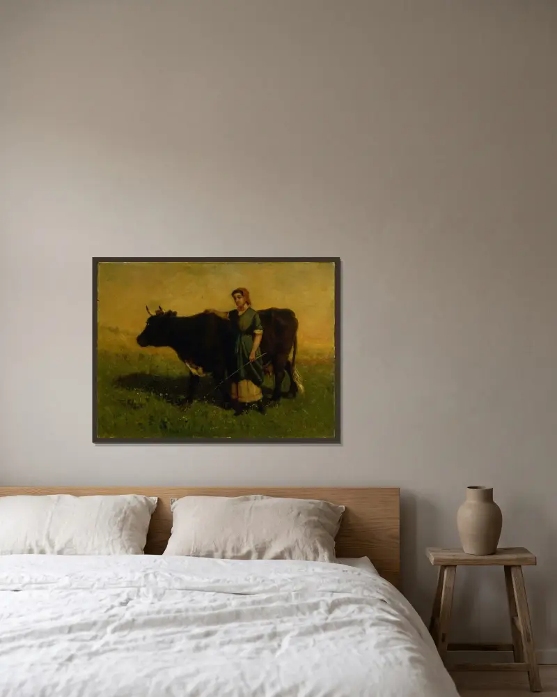 Utan titel (kvinna som går med ko) av Edward Mitchell Bannister inramad på en vägg