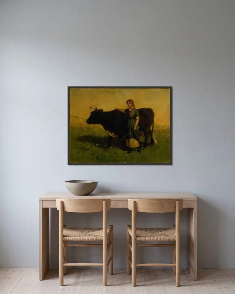 Utan titel (kvinna som går med ko) av Edward Mitchell Bannister inramad på en vägg