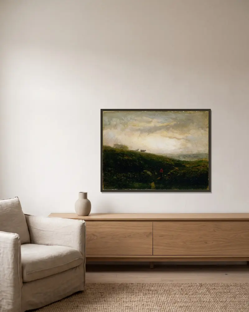 Utan titel (kor som går nerför sluttning) av Edward Mitchell Bannister inramad på en vägg