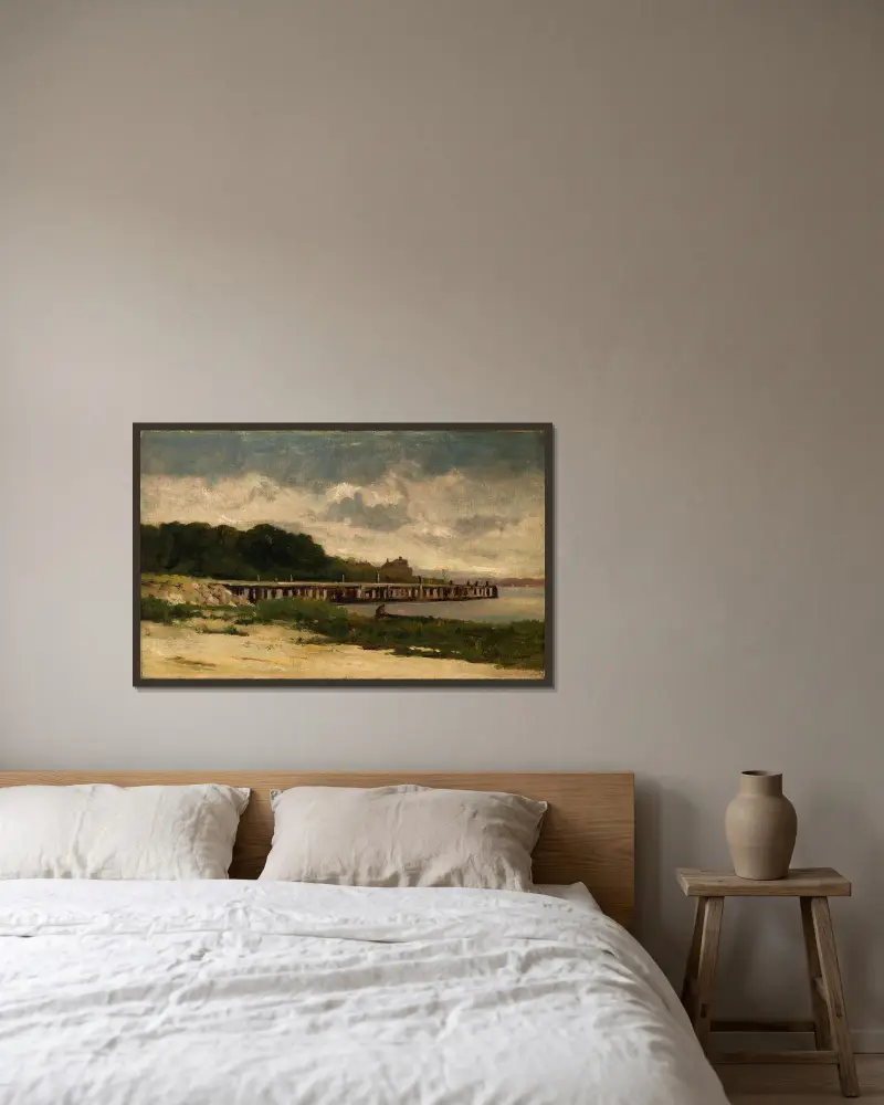 Ohne Titel (Landschaft mit Steg) von Edward Mitchell Bannister gerahmt an einer Wand