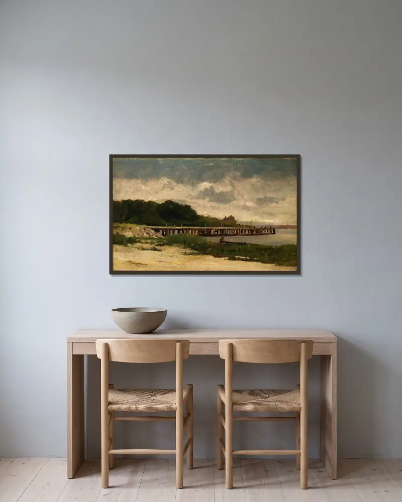 Ohne Titel (Landschaft mit Steg) von Edward Mitchell Bannister gerahmt an einer Wand