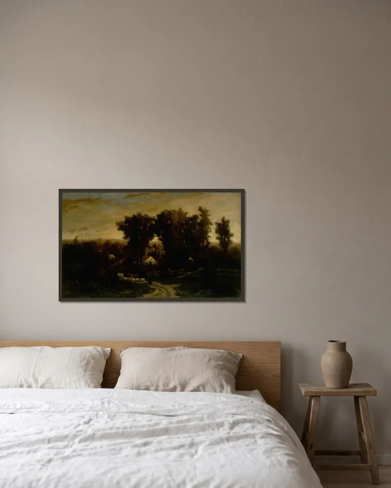 Utan titel (kvinna med boskap och får i skymningen) av Edward Mitchell Bannister inramad på en vägg