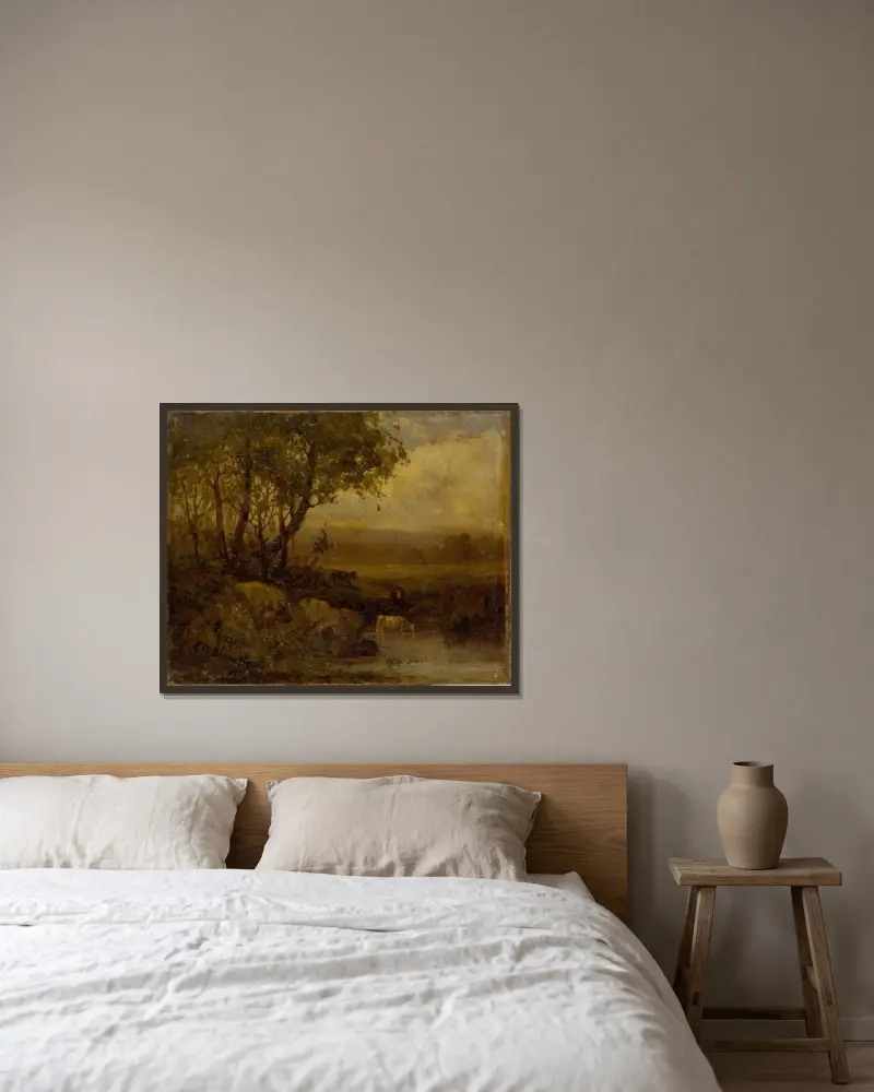 Utan titel (landskap, flodstrand, tre kor) av Edward Mitchell Bannister inramad på en vägg