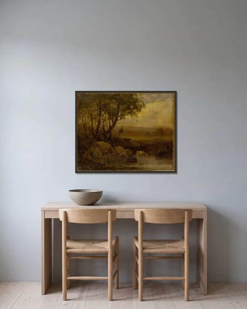 Utan titel (landskap, flodstrand, tre kor) av Edward Mitchell Bannister inramad på en vägg