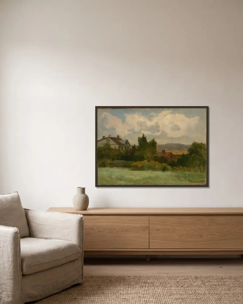 Ohne Titel (Häuser und Bäume) von Edward Mitchell Bannister gerahmt an einer Wand