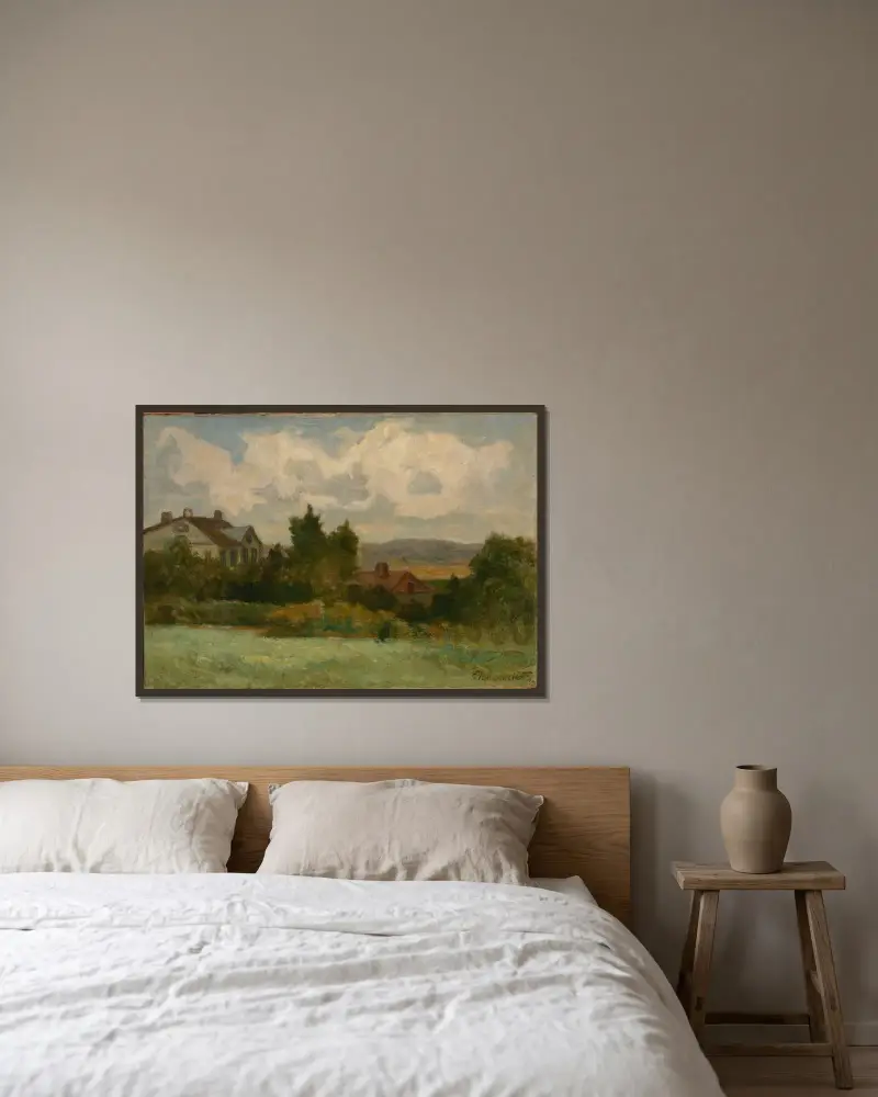 Ohne Titel (Häuser und Bäume) von Edward Mitchell Bannister gerahmt an einer Wand