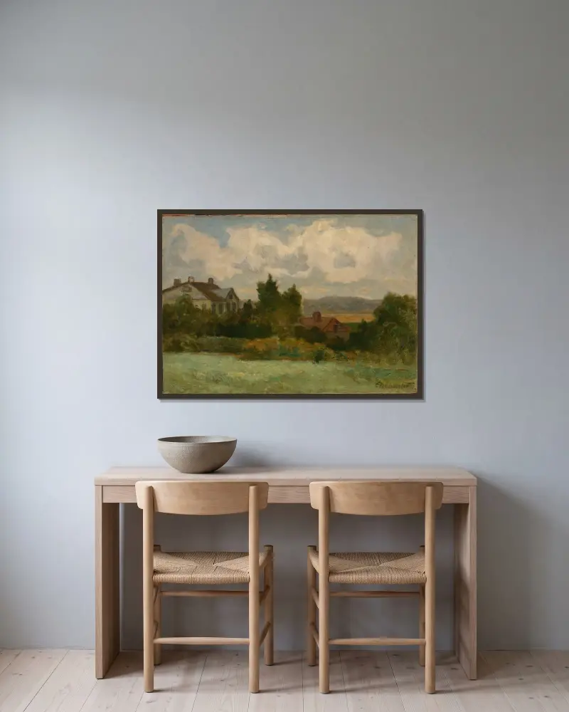 Ohne Titel (Häuser und Bäume) von Edward Mitchell Bannister gerahmt an einer Wand