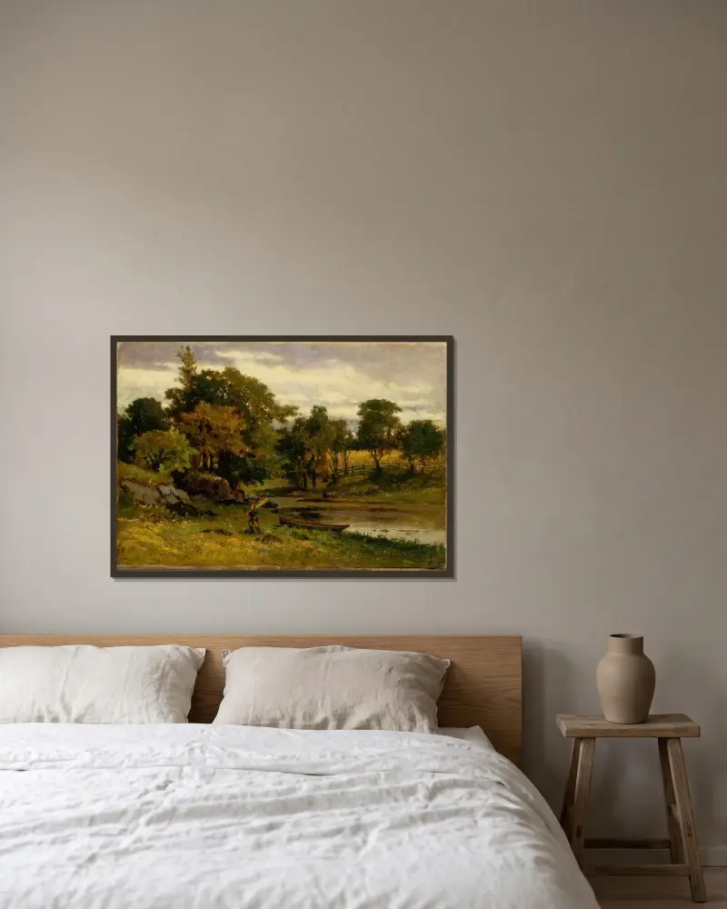 Utan titel (landskap, båt vid å, man i förgrunden) av Edward Mitchell Bannister inramad på en vägg