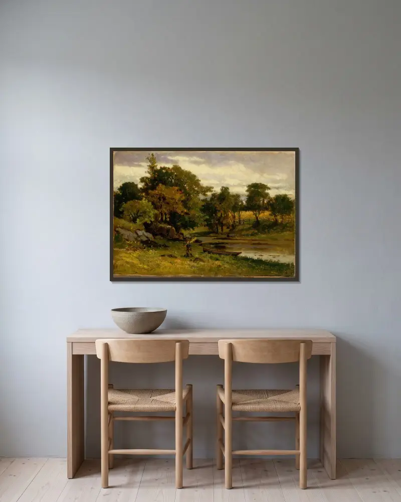 Utan titel (landskap, båt vid å, man i förgrunden) av Edward Mitchell Bannister inramad på en vägg