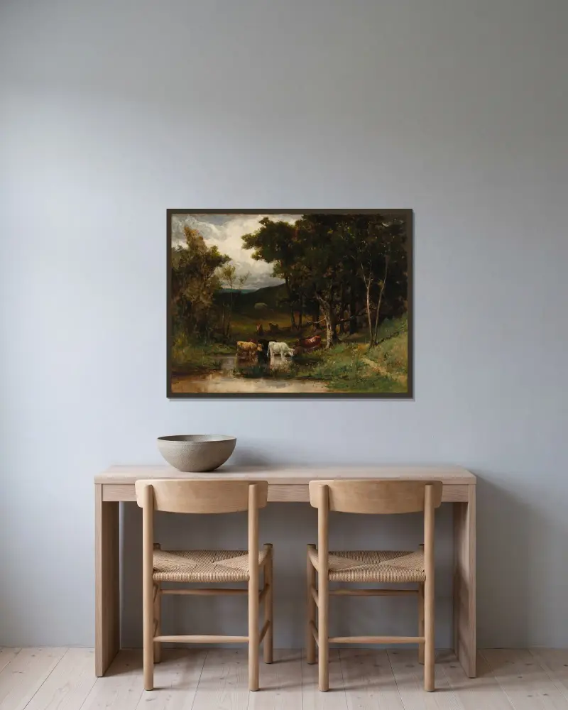Utan titel (landskap med kor vid bäck nära träd) av Edward Mitchell Bannister inramad på en vägg