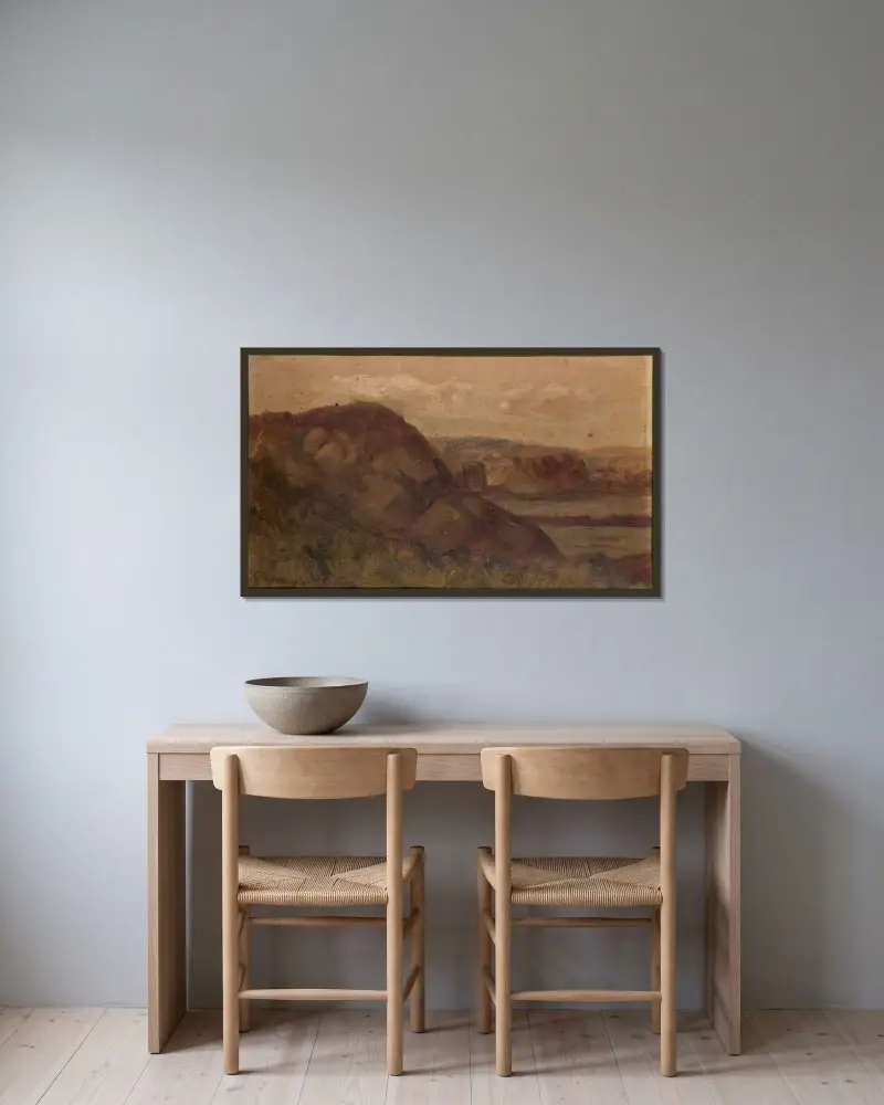 Utan titel (landskap med klippor) av Edward Mitchell Bannister inramad på en vägg