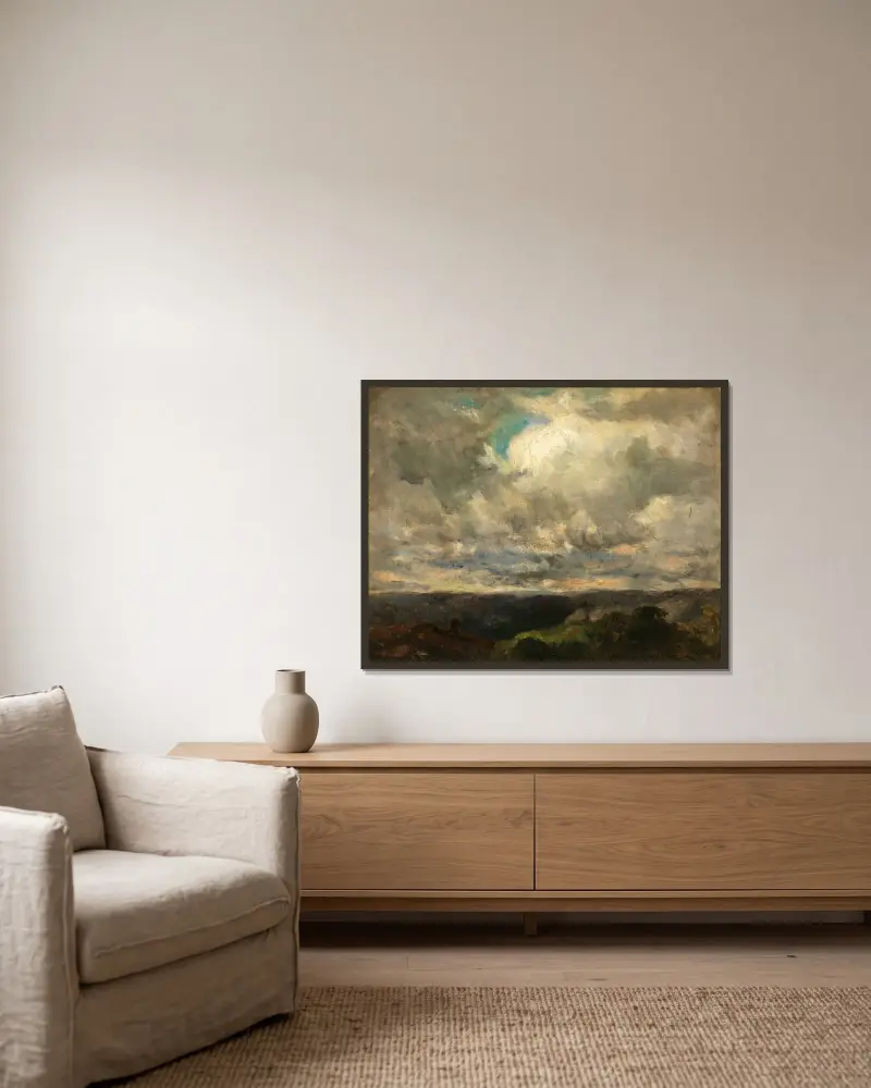 Utan titel (landskap, molnig himmel) av Edward Mitchell Bannister inramad på en vägg