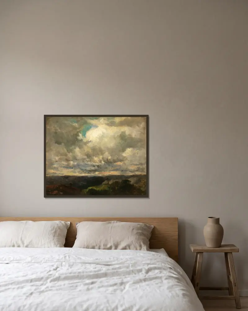 Utan titel (landskap, molnig himmel) av Edward Mitchell Bannister inramad på en vägg