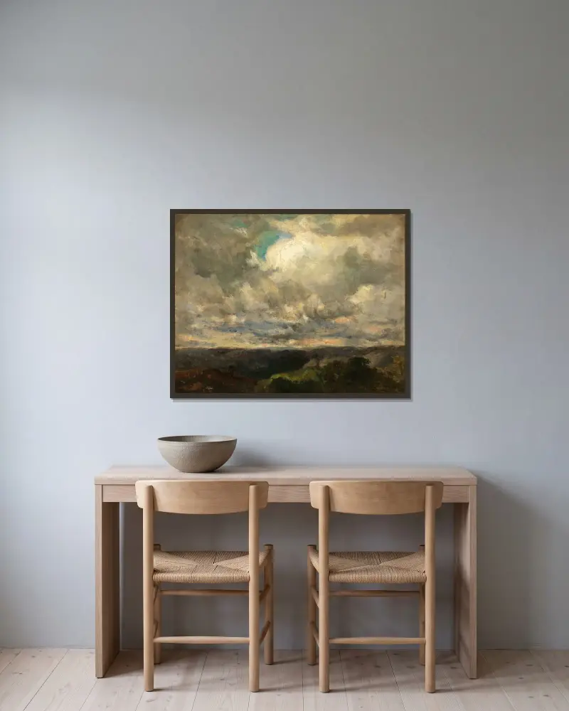 Utan titel (landskap, molnig himmel) av Edward Mitchell Bannister inramad på en vägg