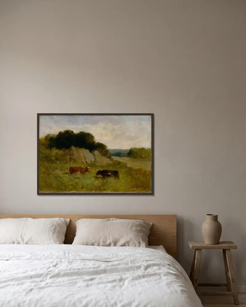 Utan titel (landskap med två kor) av Edward Mitchell Bannister inramad på en vägg