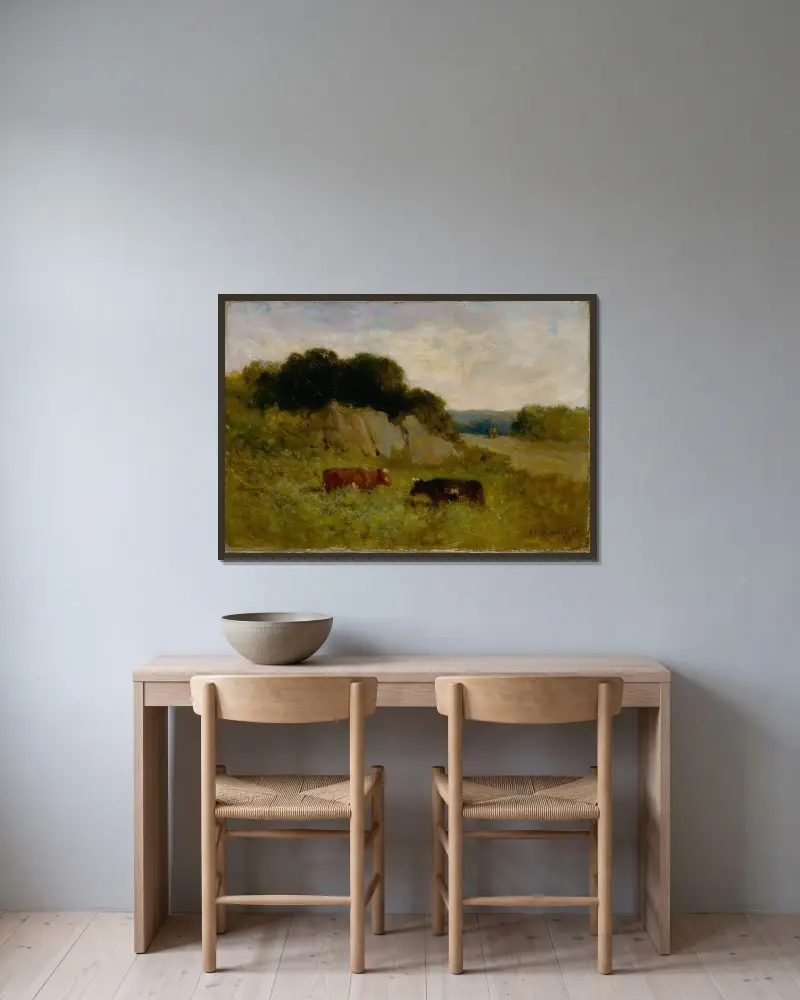 Utan titel (landskap med två kor) av Edward Mitchell Bannister inramad på en vägg