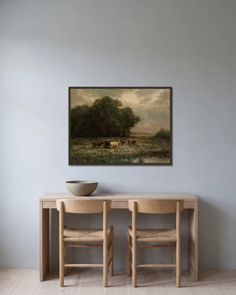 Utan titel (landskap med betande kor) av Edward Mitchell Bannister inramad på en vägg