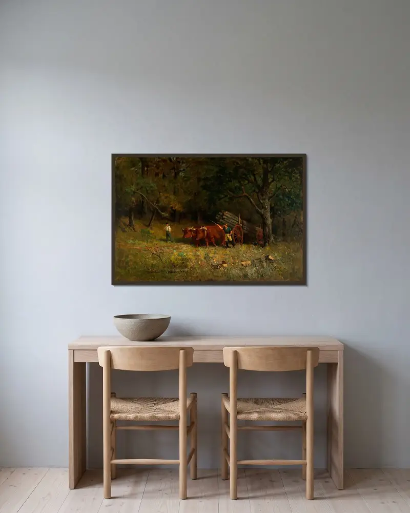 Untitled (boy and man with oxen) av Edward Mitchell Bannister inramad på en vägg