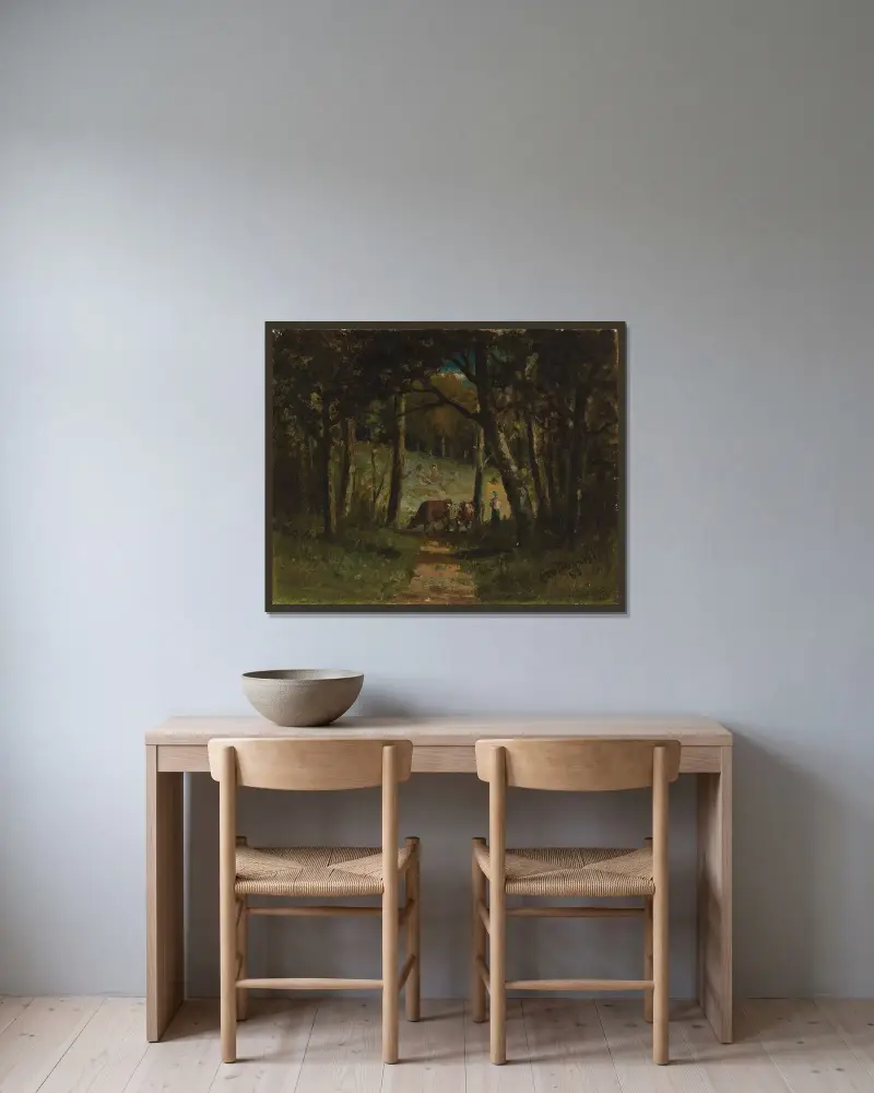 Utan titel (kor på stig i skog) av Edward Mitchell Bannister inramad på en vägg