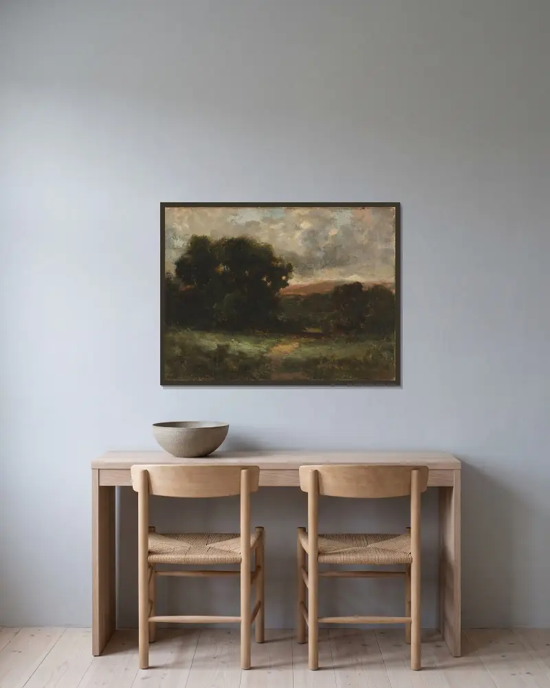 Ohne Titel (Landschaft mit Wiese und Bäumen) von Edward Mitchell Bannister gerahmt an einer Wand