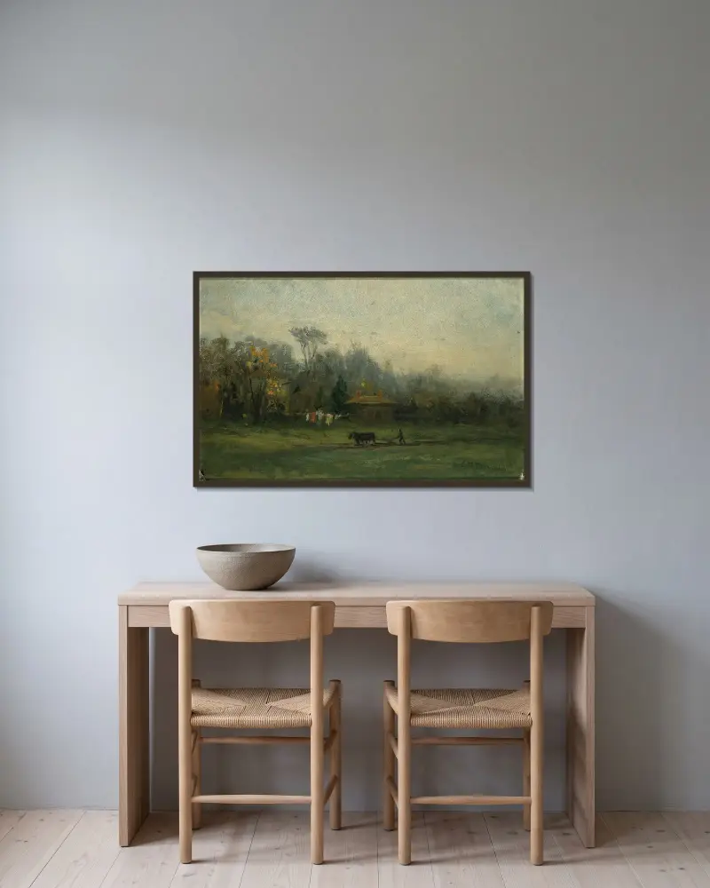 Utan titel (landskap med man som plöjer åker) av Edward Mitchell Bannister inramad på en vägg