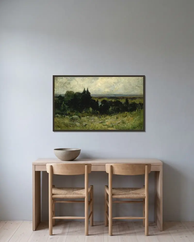 Utan titel (landskap, fält med stenar och träd) av Edward Mitchell Bannister inramad på en vägg
