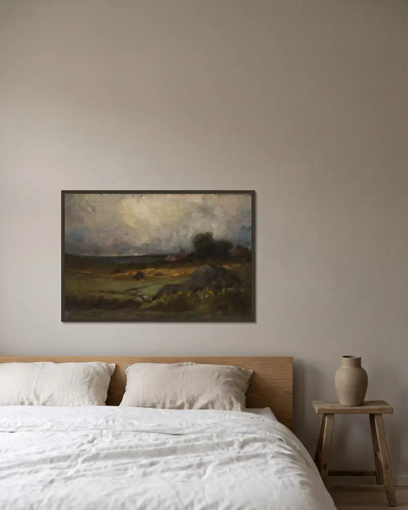 Bez názvu (krajina se skálou v popředí a střechou s věží, jezero v pozadí) – Nr. 3, Edward Mitchell Bannister v rámu na stěně