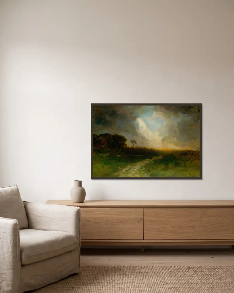 Ohne Titel (Landschaft, Mann zu Pferd), 1884 – Nr. 1 von Edward Mitchell Bannister gerahmt an einer Wand