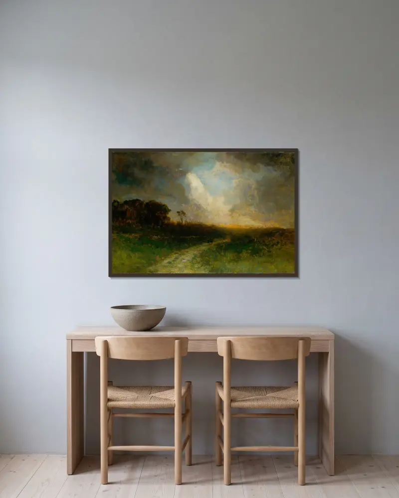 Ohne Titel (Landschaft, Mann zu Pferd), 1884 – Nr. 1 von Edward Mitchell Bannister gerahmt an einer Wand