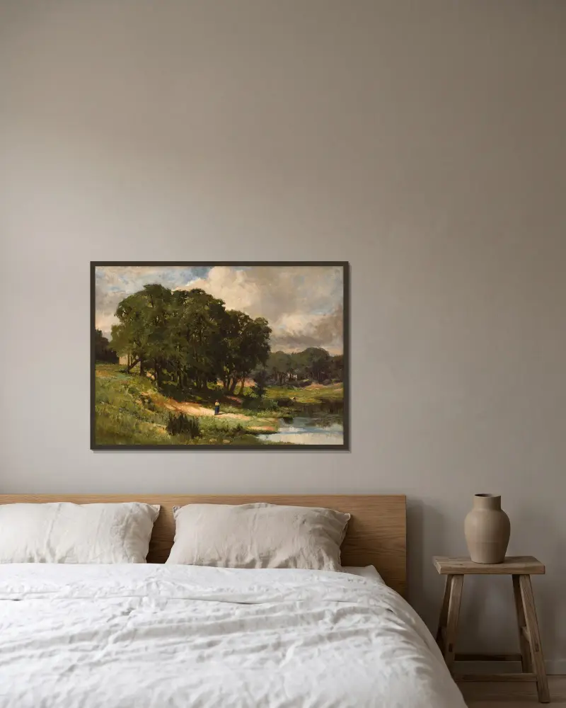 Kvinna stående vid en damm av Edward Mitchell Bannister inramad på en vägg