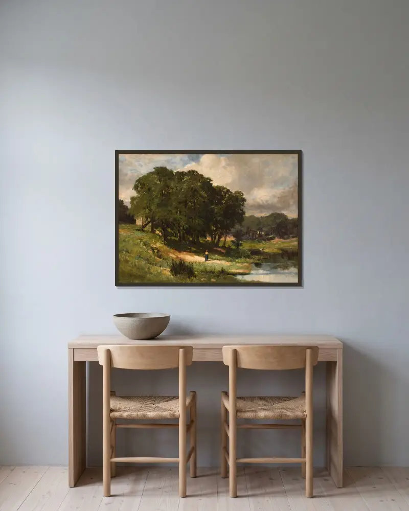 Kvinna stående vid en damm av Edward Mitchell Bannister inramad på en vägg