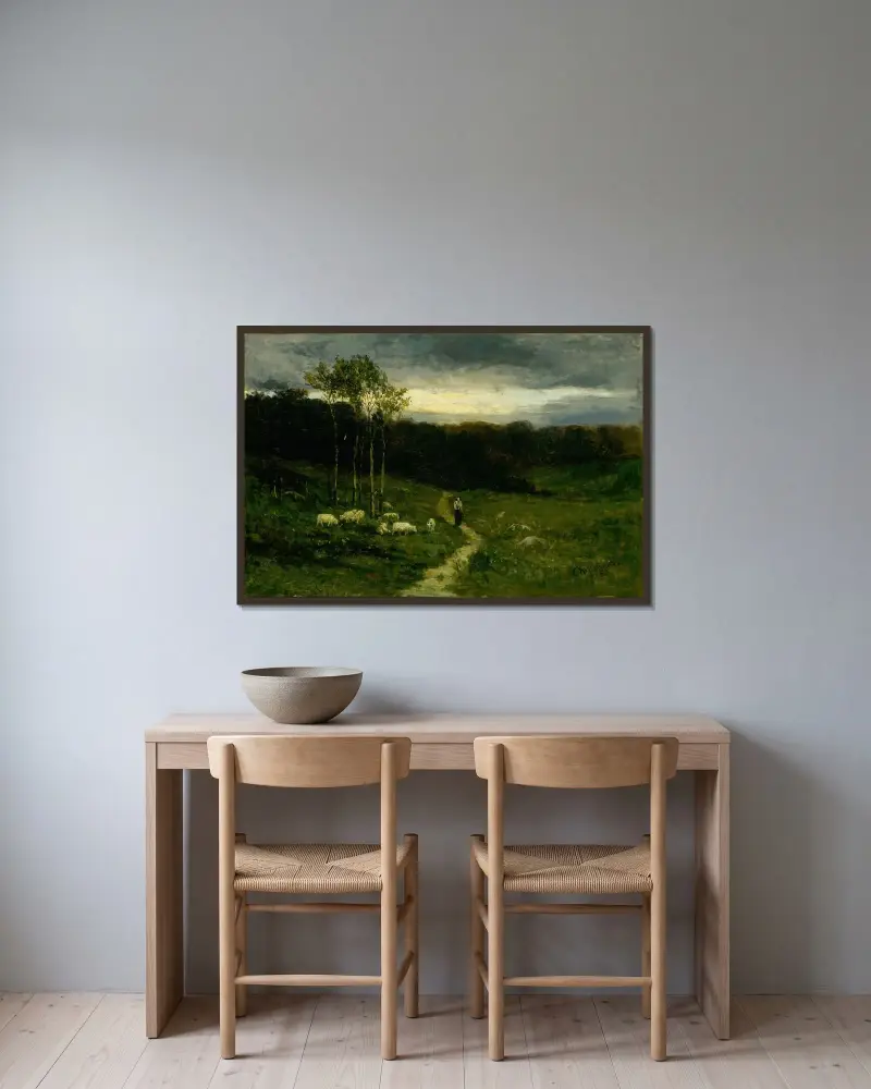 Frau auf einem Pfad gehend von Edward Mitchell Bannister gerahmt an einer Wand