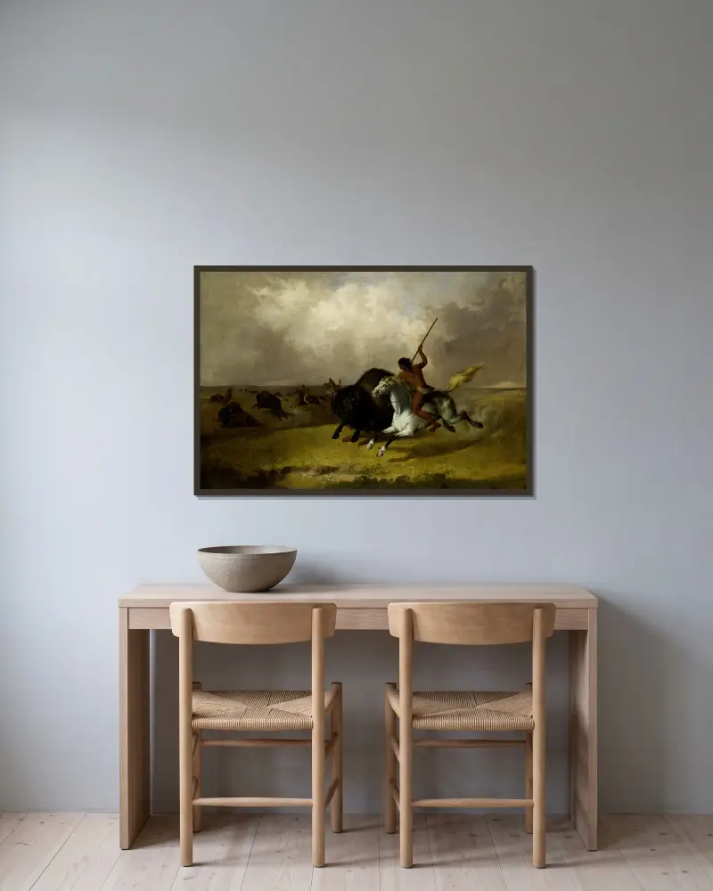 Buffalo Hunt on the Southwestern Prairies av John Mix Stanley inramad på en vägg