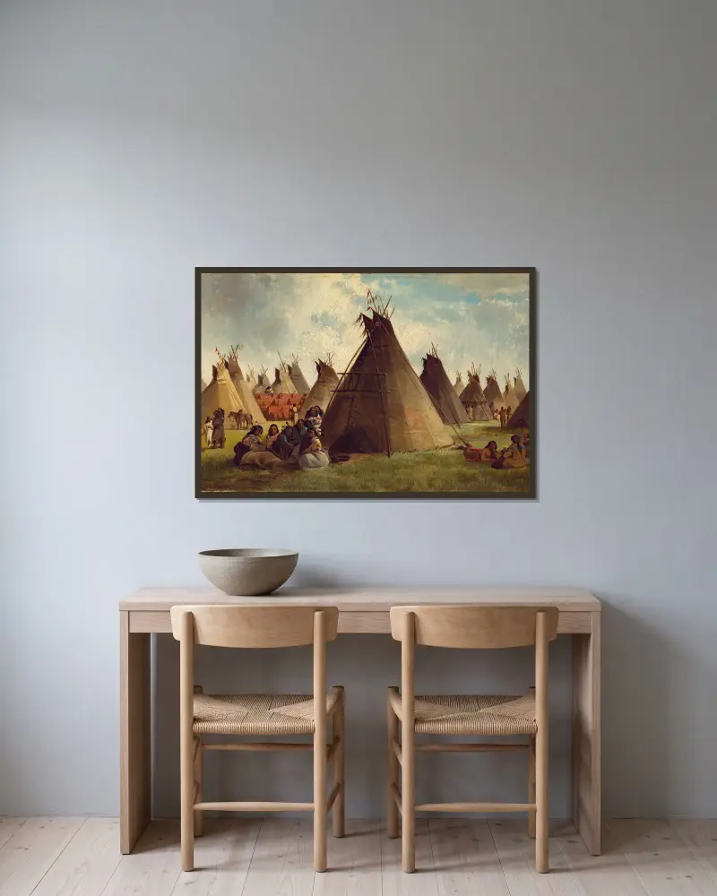 Prairie Indian Encampment av John Mix Stanley inramad på en vägg