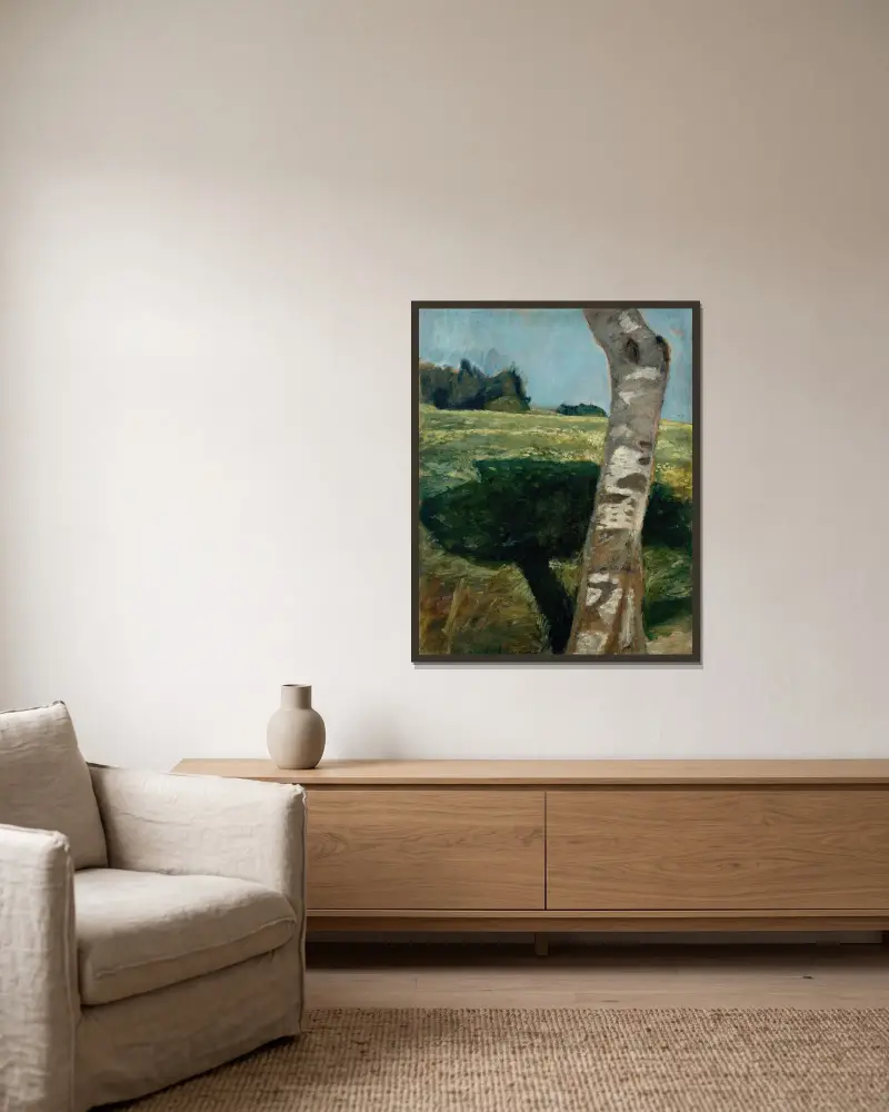 Birkenstamm von Paula Modersohn-Becker gerahmt an einer Wand