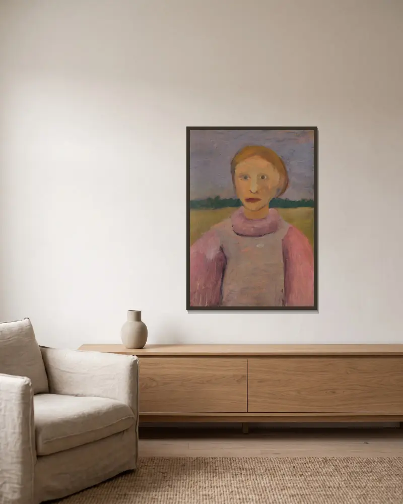 Brustbild eines Mädchens in der Dämmerung av Paula Modersohn-Becker inramad på en vägg