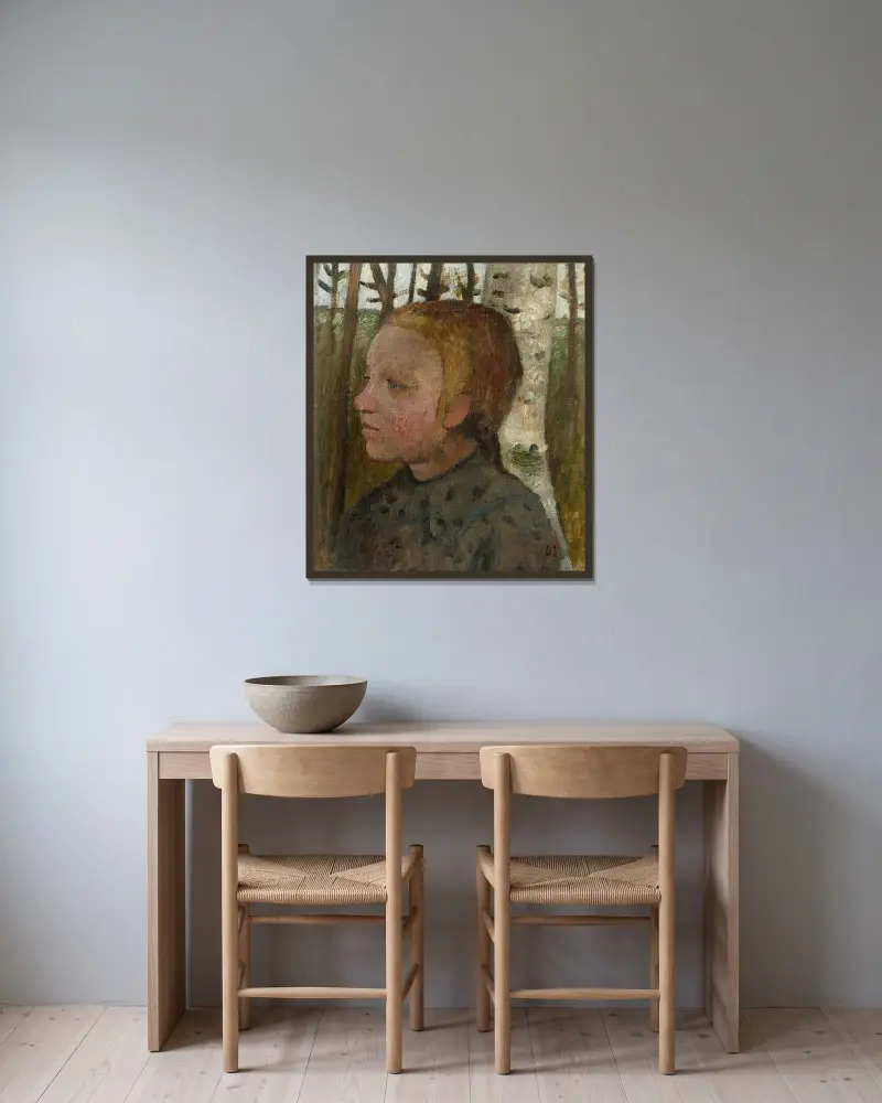 Brustbild eines Mädchens nach links vor Birken von Paula Modersohn-Becker gerahmt an einer Wand