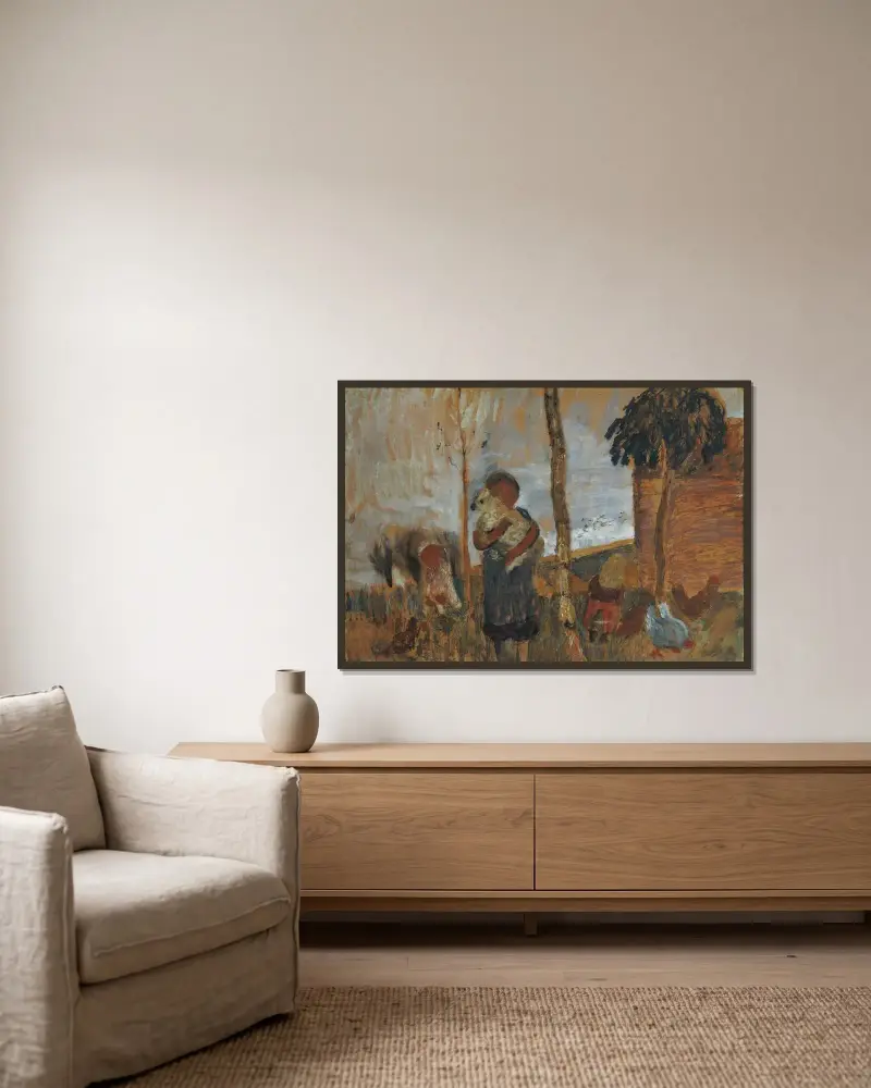 Kinder und Hühner vor einer Landschaft von Paula Modersohn-Becker gerahmt an einer Wand