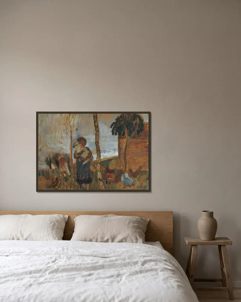 Kinder und Hühner vor einer Landschaft von Paula Modersohn-Becker gerahmt an einer Wand