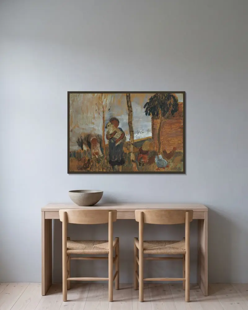 Kinder und Hühner vor einer Landschaft von Paula Modersohn-Becker gerahmt an einer Wand