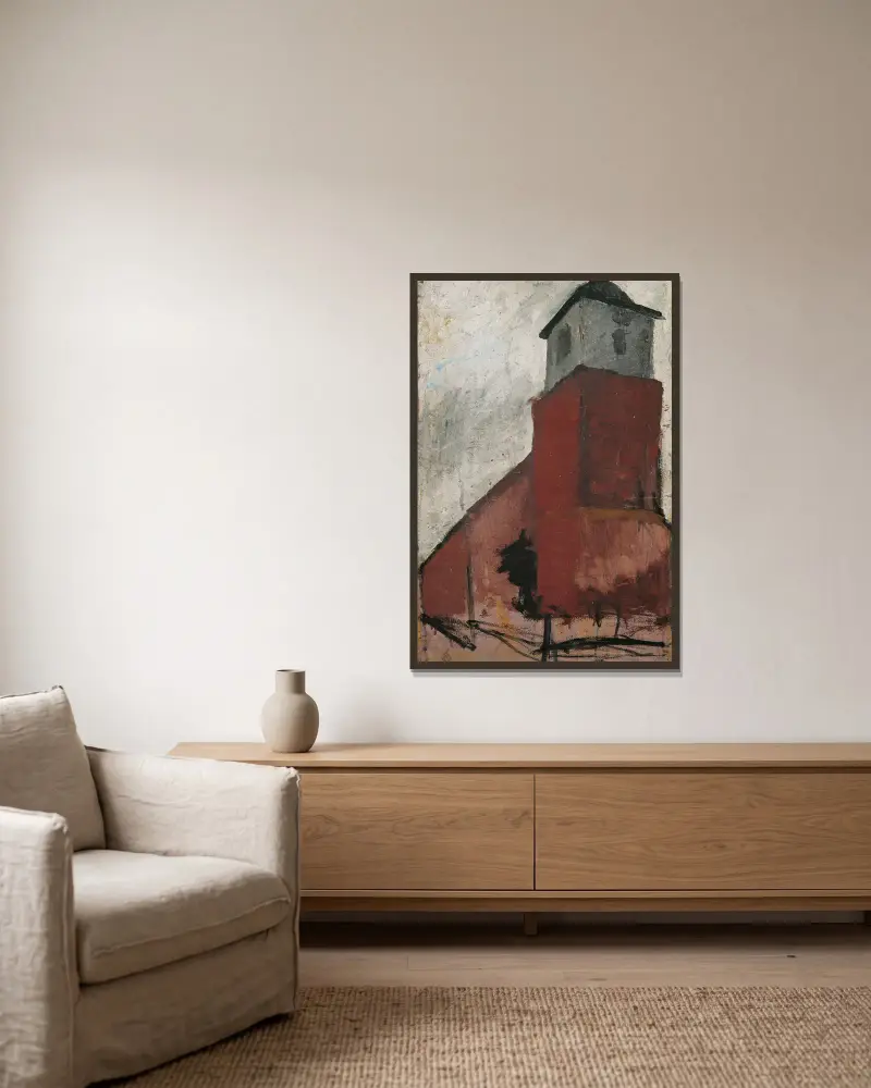 Church in Worpswede av Paula Modersohn-Becker inramad på en vägg