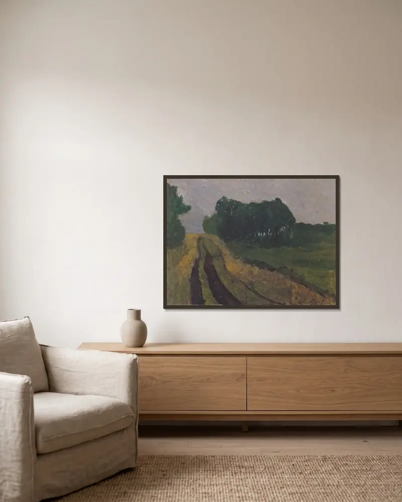Abendlandschaft von Paula Modersohn-Becker gerahmt an einer Wand