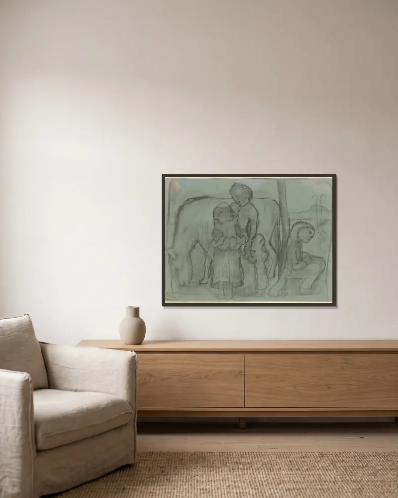 Pět dětí, osel a pes, Paula Modersohn-Becker v rámu na stěně